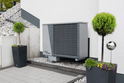 pexels-photo-20046694-20046694 Modern air conditioning unit with flower pots and sleek decor outdoors.